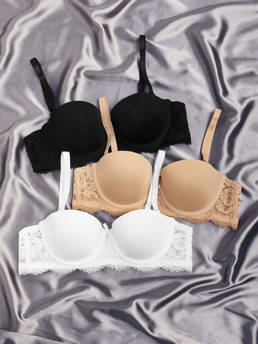 3pack Contrast Lace Scallop Trim Underwire Bra - Multicolor - View 1
