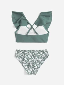 Tween Girl Floral Print Ruffle Trim Bikini Set Summer Beach Summer Holiday