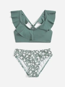Tween Girl Floral Print Ruffle Trim Bikini Set Summer Beach Summer Holiday