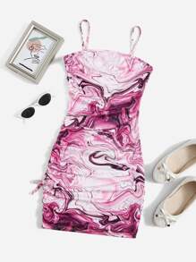SHEIN Teen Girls Marble Print Drawstring Knot Side Fitted Dress - Multicolor - View 1