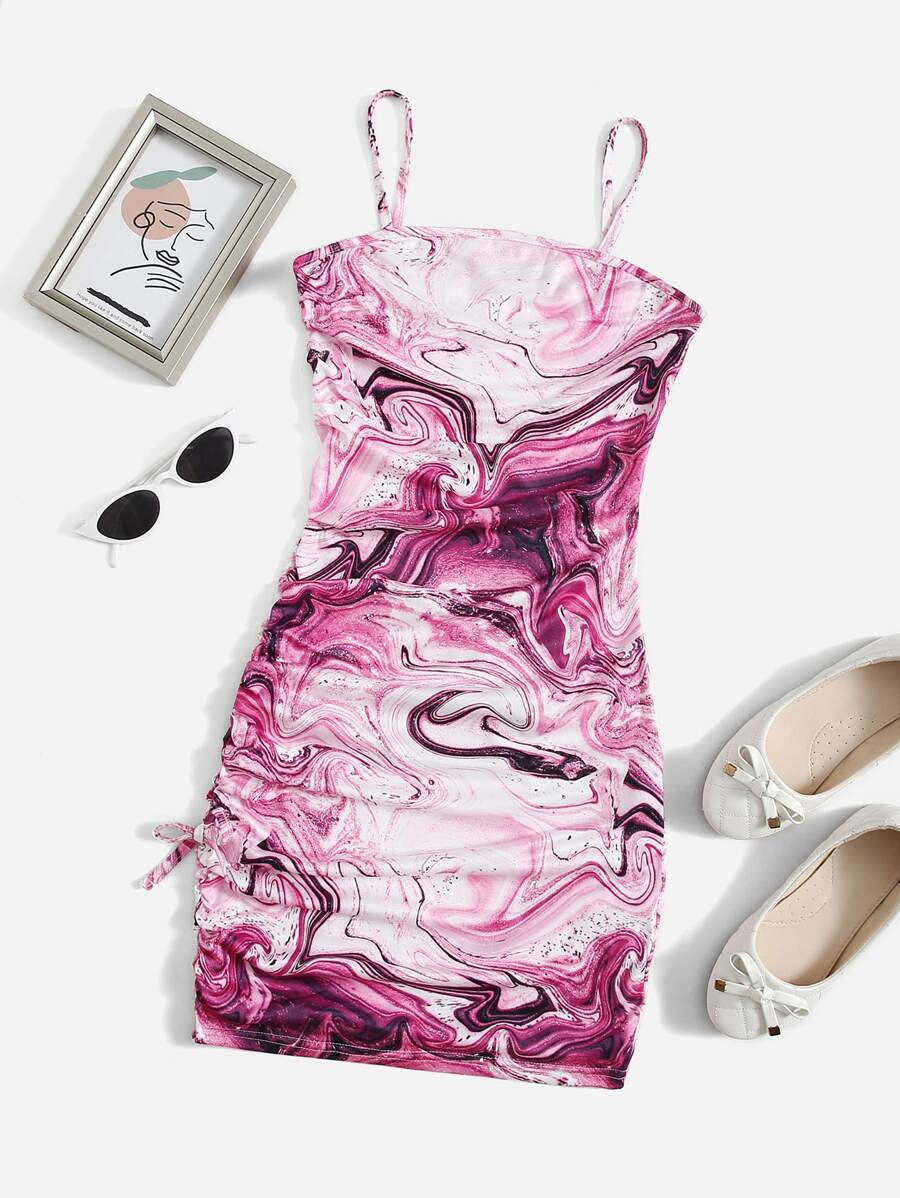 SHEIN Teen Girls Marble Print Drawstring Knot Side Fitted Dress - Multicolor - View 1