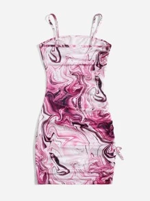 SHEIN Teen Girls Marble Print Drawstring Knot Side Fitted Dress - Multicolor - View 2