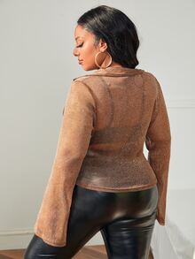 SHEIN SXY Hơn Áo sơ mi Nhìn Xuyên thấu Lưới Không có áo ngực - màu nâu - Xem 2