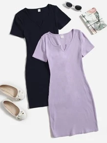 SHEIN Chicas adolescentes 2 piezas Vestido de cuello de muesca tejido de canalé - Multicolor - Ver 1