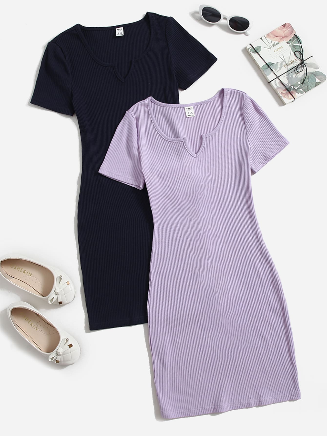 SHEIN Chicas adolescentes 2 piezas Vestido de cuello de muesca tejido de canalé - Multicolor - Ver 1