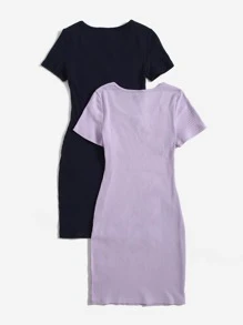 SHEIN Chicas adolescentes 2 piezas Vestido de cuello de muesca tejido de canalé - Multicolor - Ver 2