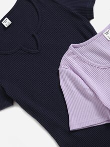 SHEIN Chicas adolescentes 2 piezas Vestido de cuello de muesca tejido de canalé - Multicolor - Ver 3