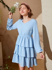 SHEIN 青少年女孩燈籠袖多層荷葉邊連衣裙 - 淺藍色 - 查看 1