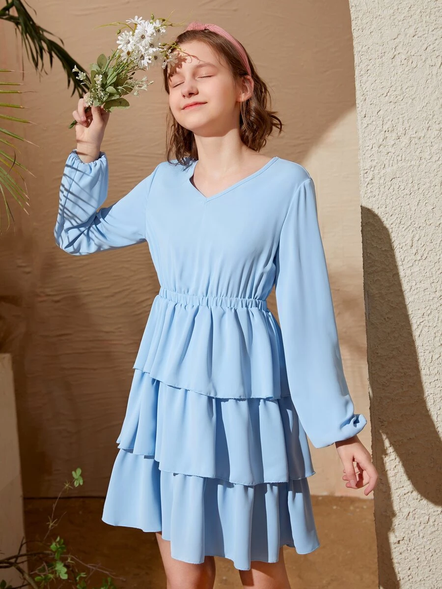 SHEIN 青少年女孩燈籠袖多層荷葉邊連衣裙 - 淺藍色 - 查看 1