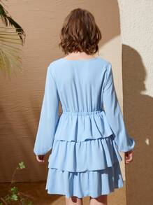 SHEIN 青少年女孩燈籠袖多層荷葉邊連衣裙 - 淺藍色 - 查看 2
