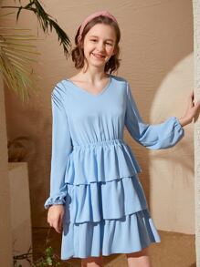 SHEIN 青少年女孩燈籠袖多層荷葉邊連衣裙 - 淺藍色 - 查看 5