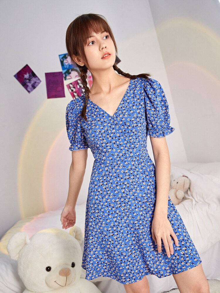 SHEIN Teen Girls Puff Sleeve Ditsy Цветочное Платье
