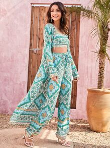 Mulvari Bộ đồ hai mảnh nữ mép Họa tiết khăn Boho - Nhiều màu - Xem 4