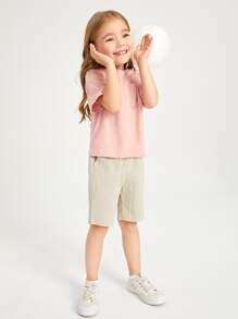 SHEIN Toddler Girls Button Detail Bermuda Shorts - Khaki - View 3