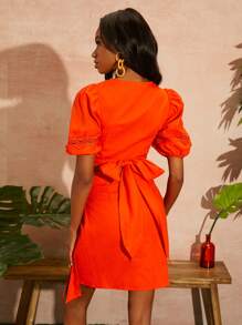 SHEIN Conjunto falda con top rojo neón de manga farol - Rojo - Ver 2