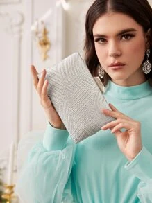 SHEIN Belle 閃爍亮晶晶,光鮮亮麗,優雅精緻的迷你鑲嵌方形鑽石晚宴手提包,適合派對女孩,女人使用,完美適用於派對,婚禮,舞會,晚餐/宴會,是女性的最佳禮物 - 銀色 - 查看 2