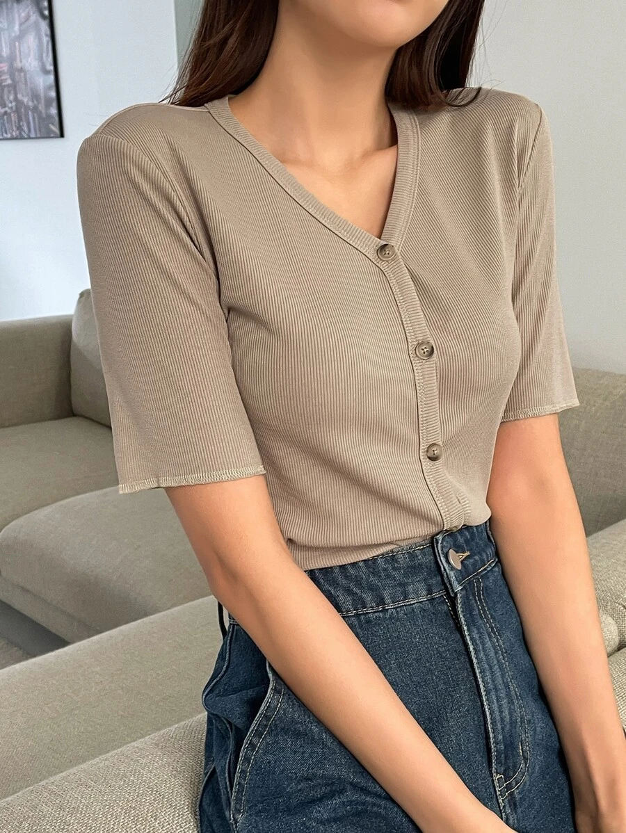 DAZY Nữ Cardigans Gân đan Nút phía trước màu trơn Giải trí - Màu be - Xem 1