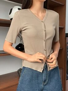DAZY Nữ Cardigans Gân đan Nút phía trước màu trơn Giải trí - Màu be - Xem 5