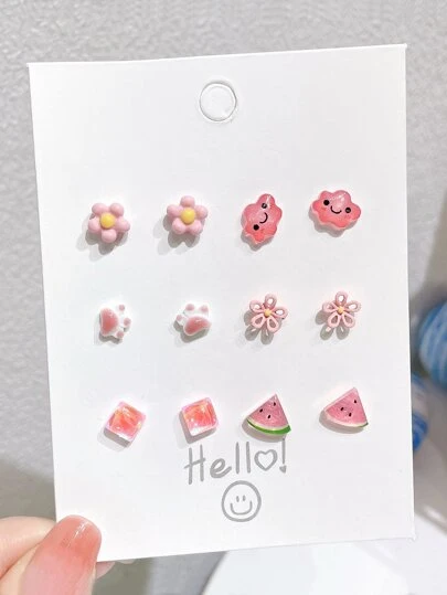 6對西瓜和花朵裝飾耳釘