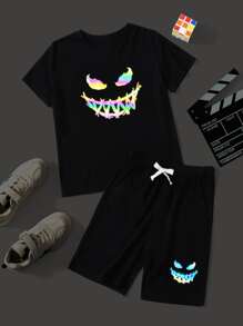 SHEIN Tween Boy Reflective Cartoon Graphic Top & Shorts - Black - View 2