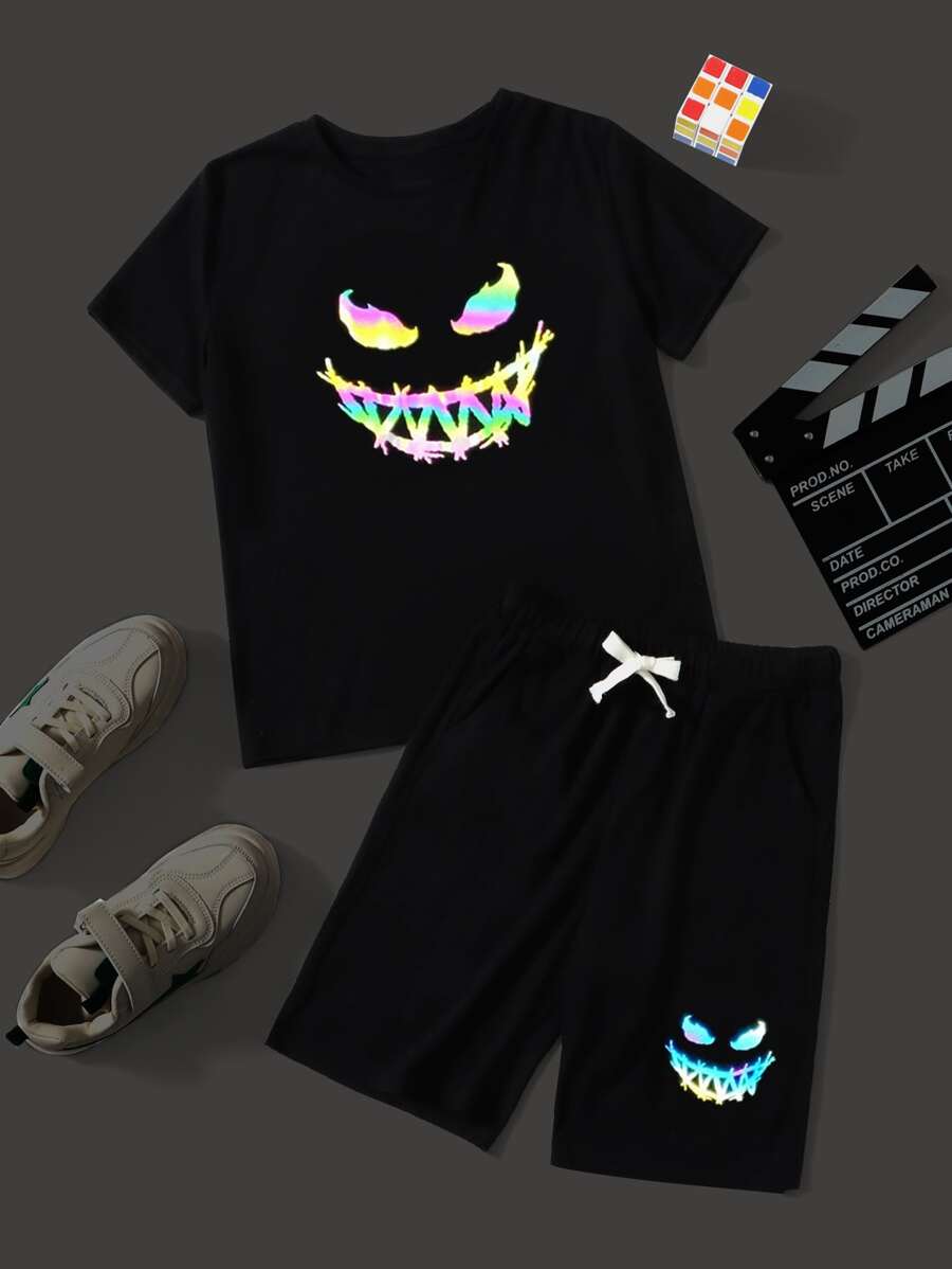 SHEIN Tween Boy Reflective Cartoon Graphic Top & Shorts