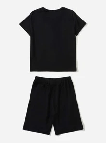 SHEIN Tween Boy Reflective Cartoon Graphic Top & Shorts - Black - View 3