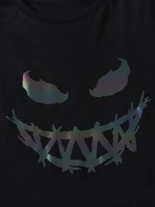 SHEIN Tween Boy Reflective Cartoon Graphic Top & Shorts - Black - View 5