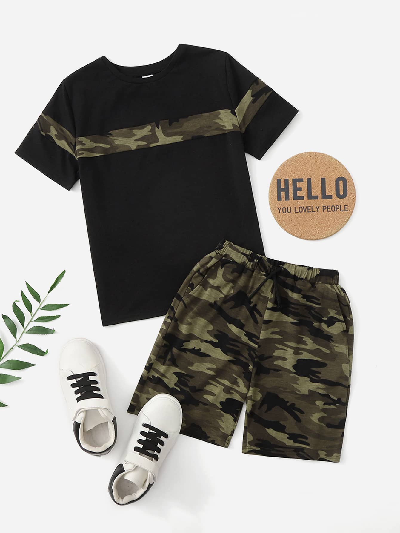 SHEIN Boys Camo Print Tee & Track Shorts Set - Multicolor - View 1