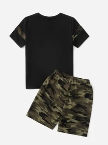 SHEIN Boys Camo Print Tee & Track Shorts Set - Multicolor - View 2