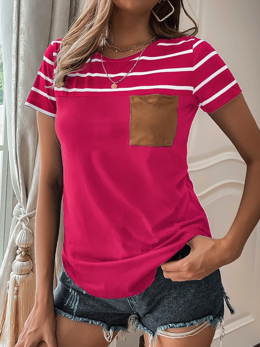 SHEIN LUNE Striped Pocket Front Tee - Hot Pink - View 1