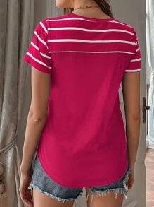 SHEIN LUNE Striped Pocket Front Tee - Hot Pink - View 2