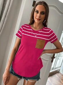 SHEIN LUNE Striped Pocket Front Tee - Hot Pink - View 4