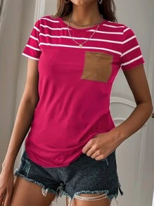 SHEIN LUNE Striped Pocket Front Tee - Hot Pink - View 5