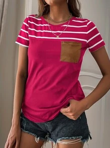 SHEIN LUNE Striped Pocket Front Tee - Hot Pink - View 6