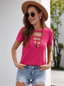 Solid Cut Out Front Tee - Hot Pink - View 4
