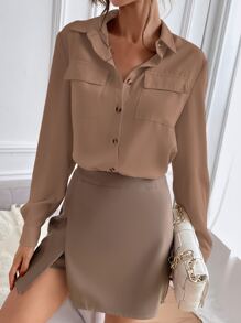 Opuloom 素色翻蓋口袋前排扣襯衫 - 杏色 - 查看 4