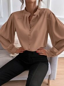 SHEIN Unity Áo sơ mi nữ Nút giả màu trơn Thanh lịch - Màu nâu  Mocha - Xem 1