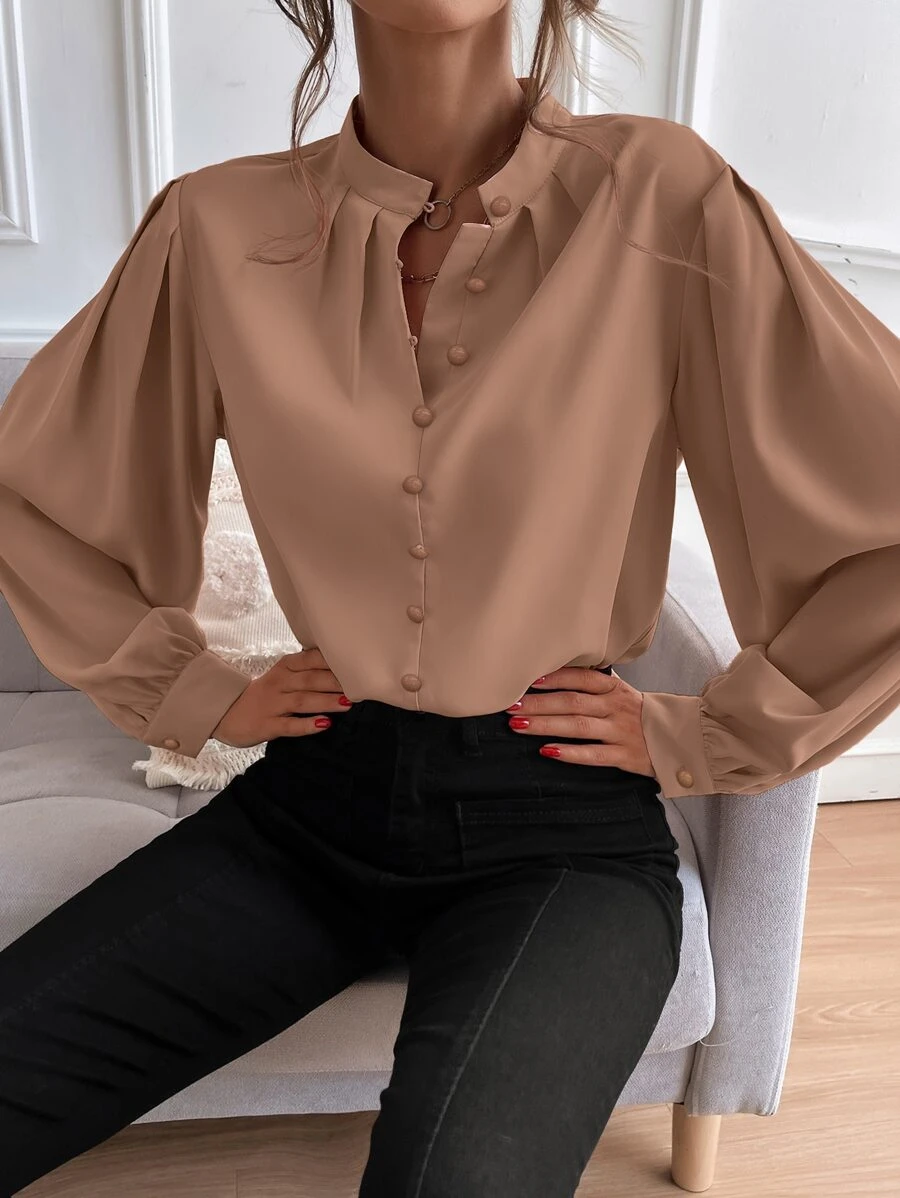 SHEIN Unity Áo sơ mi nữ Nút giả màu trơn Thanh lịch - Màu nâu  Mocha - Xem 1