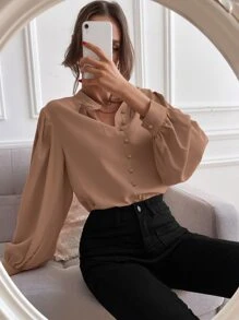 SHEIN Unity Áo sơ mi nữ Nút giả màu trơn Thanh lịch - Màu nâu  Mocha - Xem 3