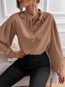 SHEIN Unity Áo sơ mi nữ Nút giả màu trơn Thanh lịch - Màu nâu  Mocha - Xem 4