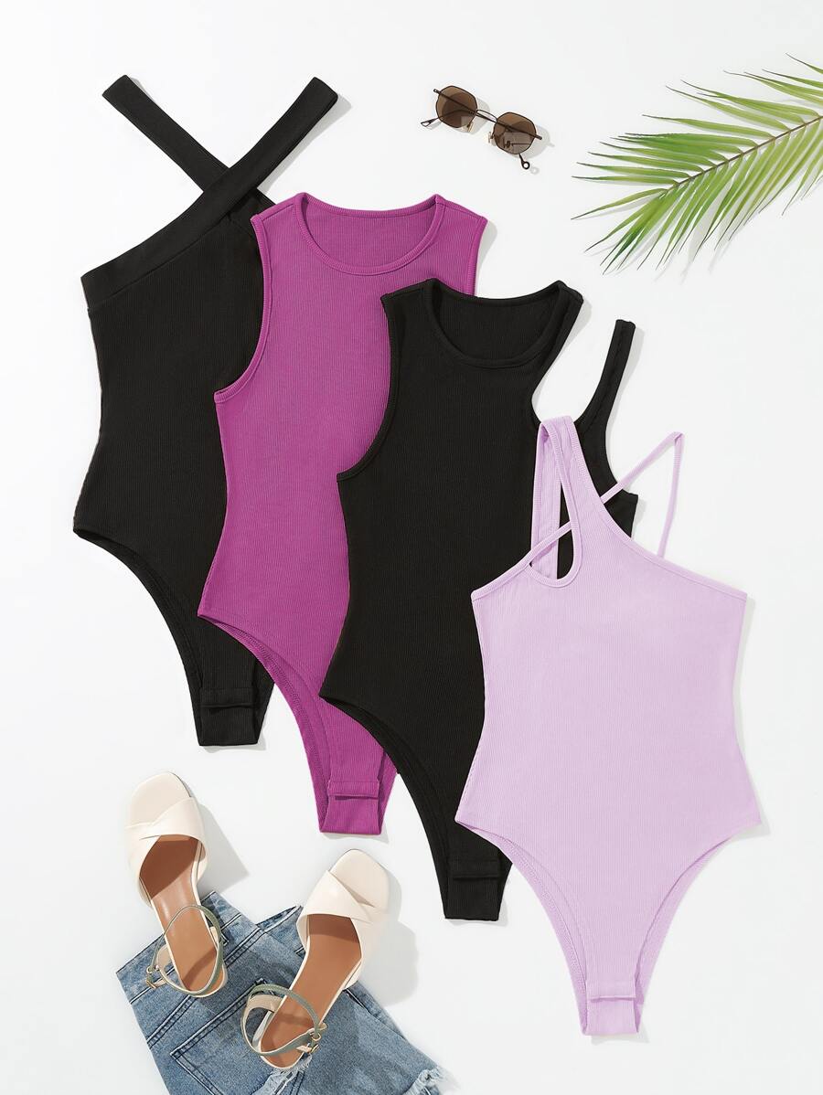 Chiquease 4pcs Asymmetrical Neck Cut Out Bodysuit - Multicolor - View 1