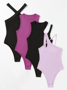 Chiquease 4pcs Asymmetrical Neck Cut Out Bodysuit - Multicolor - View 3