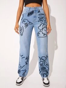 SHEIN 圖案高腰直筒牛仔褲 - 淺色水洗藍 - 查看 1