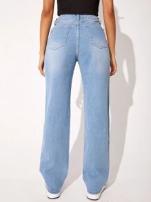 SHEIN 圖案高腰直筒牛仔褲 - 淺色水洗藍 - 查看 2