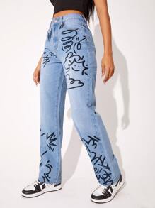 SHEIN 圖案高腰直筒牛仔褲 - 淺色水洗藍 - 查看 3