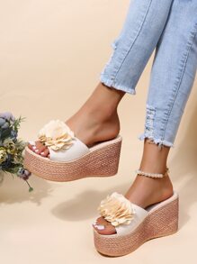 麂皮貼花裝飾坡跟涼鞋 - 米色 - 查看 1