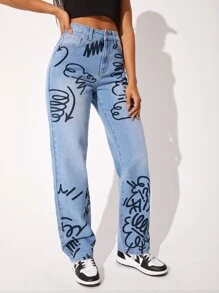 SHEIN 圖案高腰直筒牛仔褲 - 淺色水洗藍 - 查看 4