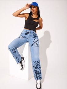 SHEIN 圖案高腰直筒牛仔褲 - 淺色水洗藍 - 查看 5