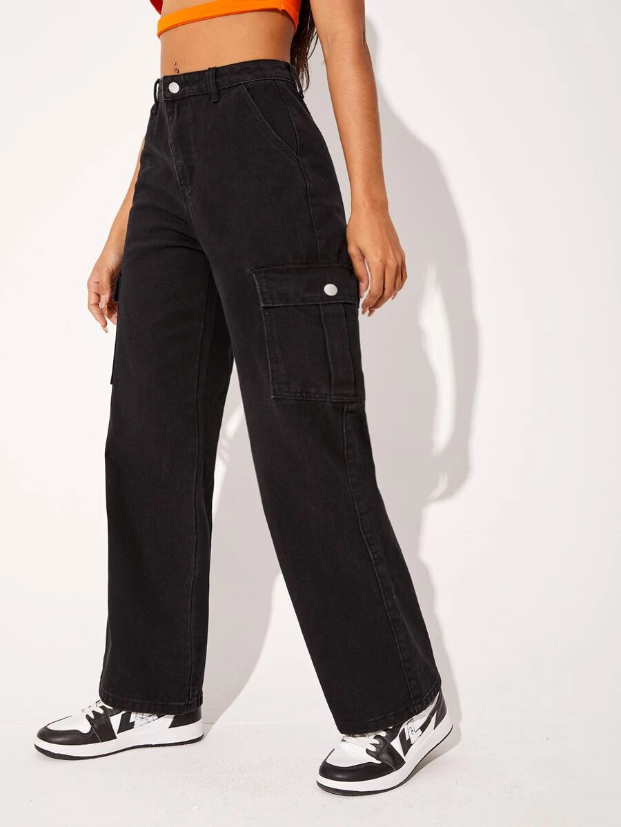 SHEIN Jeans con bolsillo con solapa con parche - Negro - Ver 1