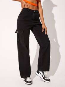 SHEIN Jeans con bolsillo con solapa con parche - Negro - Ver 3